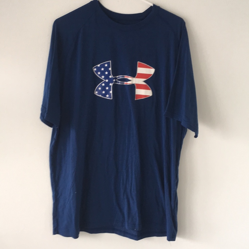 Under Armour USA blue red white shirt sleeve Sz L